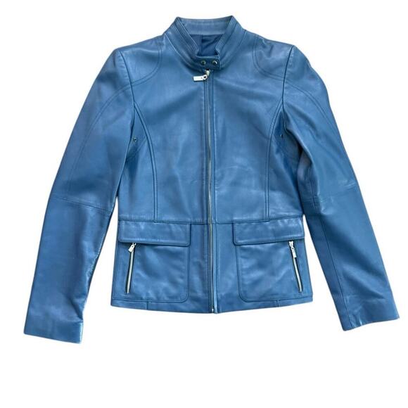 Women's Blue Leather Long Sleeves Zip Up Bomber Jacket Size 55 - Picture 1 of 5